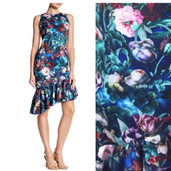 Alexia Admor Dress Ruffle Asymmetrical Floral Stretch Scuba Sleeveless SZ 14 - Picture 2 of 13